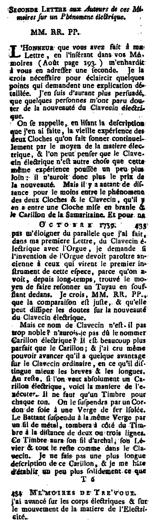 马克·米歇尔·雷（Marc Michel Rey）对于电子大键琴的描述，记录于作品Le journal des sçavans, combiné avec les mémoires de Trévoux 中，1759年