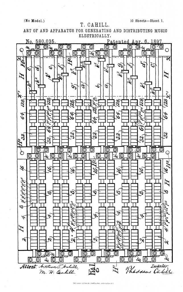 卡希尔在1897年为第一台电传簧风琴所申请的专利，展示了音轮转子轴。