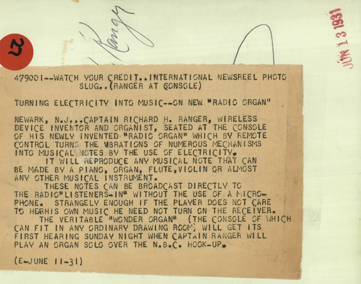 报社报道让格发明乐器的通讯电报，1931年