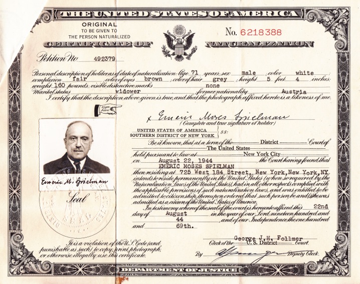 埃默里克·施皮尔曼的美国入籍证，1944年