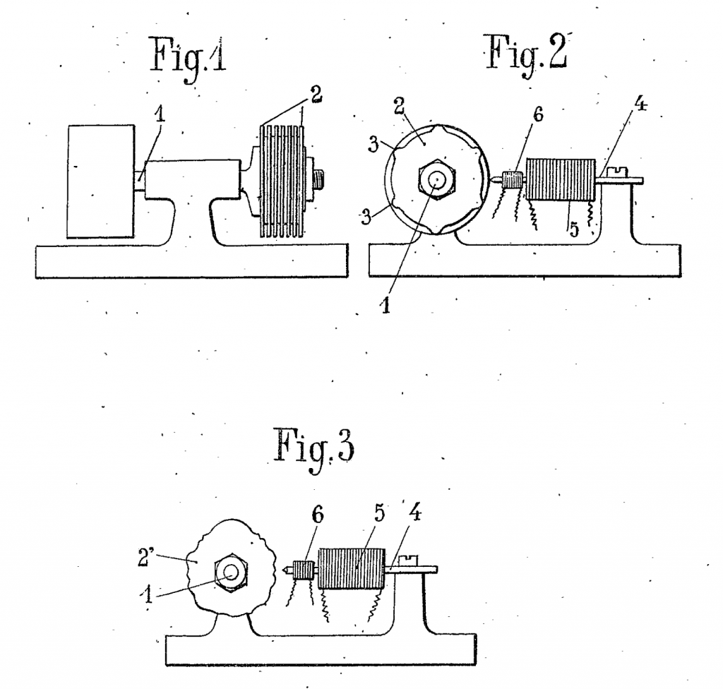 于戈尼奥一项专利中的示意图，专利内容是一种音轮制音器音源专利。1919年12月